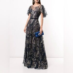 Marchesa Notte New Sequin Embellished Tulle Draped Sleeve Gown Size 2 $995.00